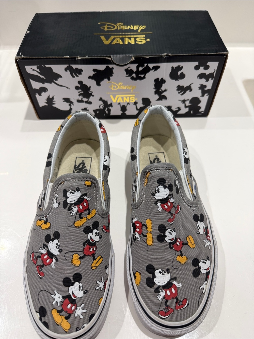 Vans Mickey Mouse Slip-On Sneakers - Gray with Red & Yellow Accents